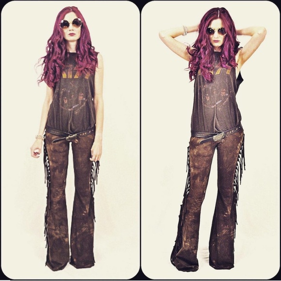LONG LENGTH High Waisted Fringe Bell Bottoms in BROWN TIE DYE Sizes XS S M L XL - Picture 4 of 8